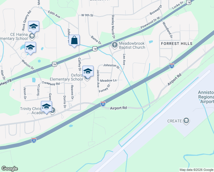 map of restaurants, bars, coffee shops, grocery stores, and more near 1509 Forney Street in Oxford