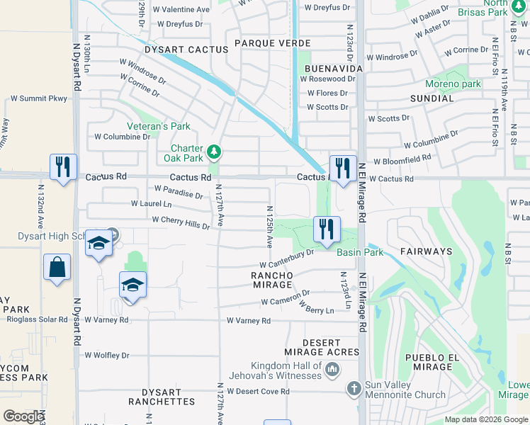 map of restaurants, bars, coffee shops, grocery stores, and more near 12506 West Laurel Lane in El Mirage