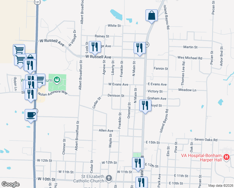 map of restaurants, bars, coffee shops, grocery stores, and more near 1728 Liberty Street in Bonham