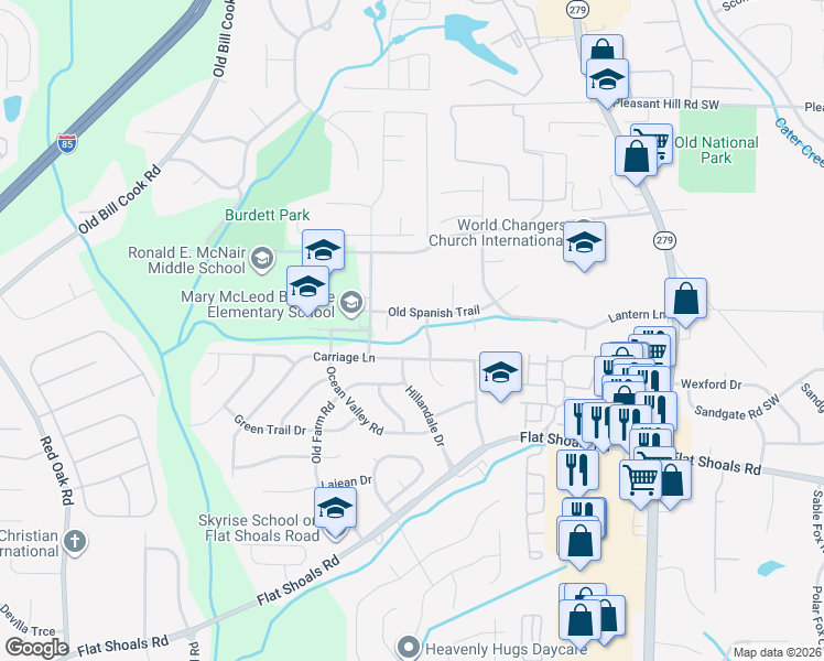 map of restaurants, bars, coffee shops, grocery stores, and more near 5345 Carriage Court in College Park