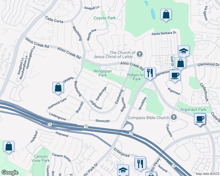 map of restaurants, bars, coffee shops, grocery stores, and more near 6 Saddleridge in Aliso Viejo