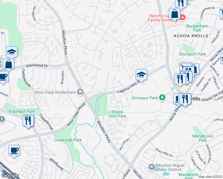 map of restaurants, bars, coffee shops, grocery stores, and more near 42 Aspen Creek Lane in Laguna Hills