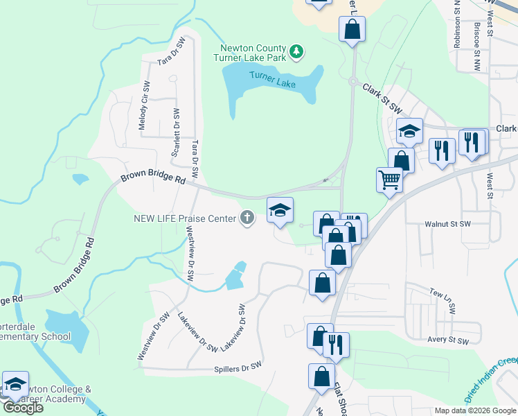 map of restaurants, bars, coffee shops, grocery stores, and more near 7167 Brown Bridge Road in Covington
