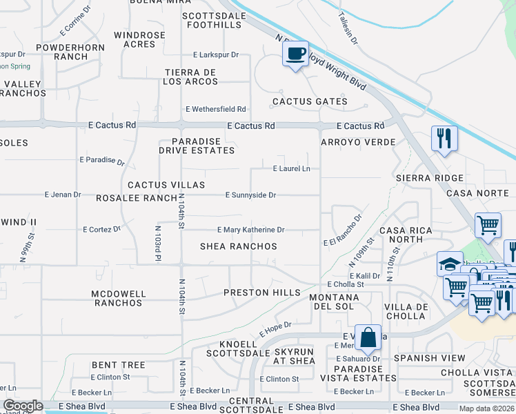 map of restaurants, bars, coffee shops, grocery stores, and more near 11635 North 106th Street in Scottsdale