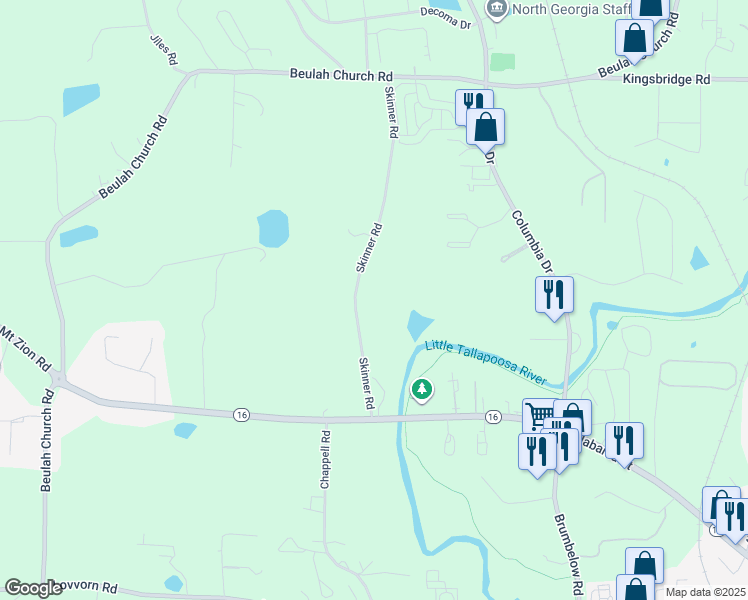 map of restaurants, bars, coffee shops, grocery stores, and more near 145 Skinner Road in Carrollton