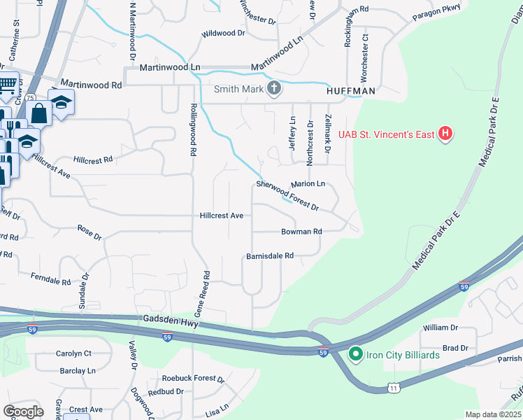 map of restaurants, bars, coffee shops, grocery stores, and more near 929 Sherwood Forest Drive in Birmingham