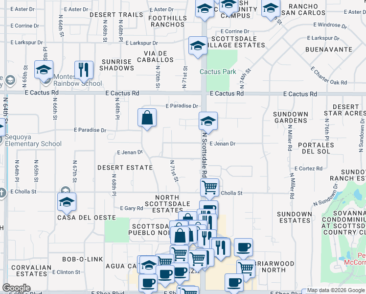 map of restaurants, bars, coffee shops, grocery stores, and more near 7102 East Cortez Drive in Scottsdale