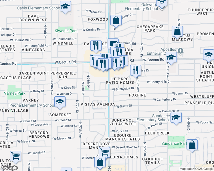map of restaurants, bars, coffee shops, grocery stores, and more near 11808 North 75th Drive in Peoria