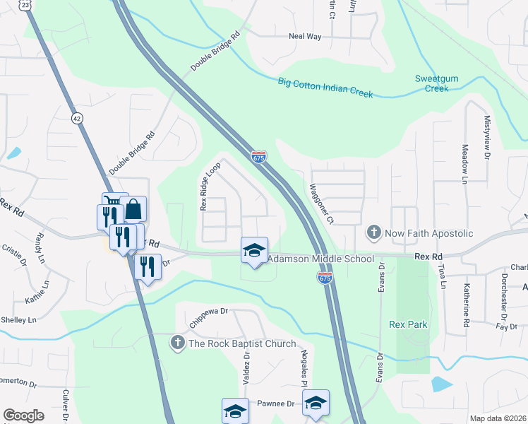 map of restaurants, bars, coffee shops, grocery stores, and more near 3213 Rex Ridge Drive in Rex