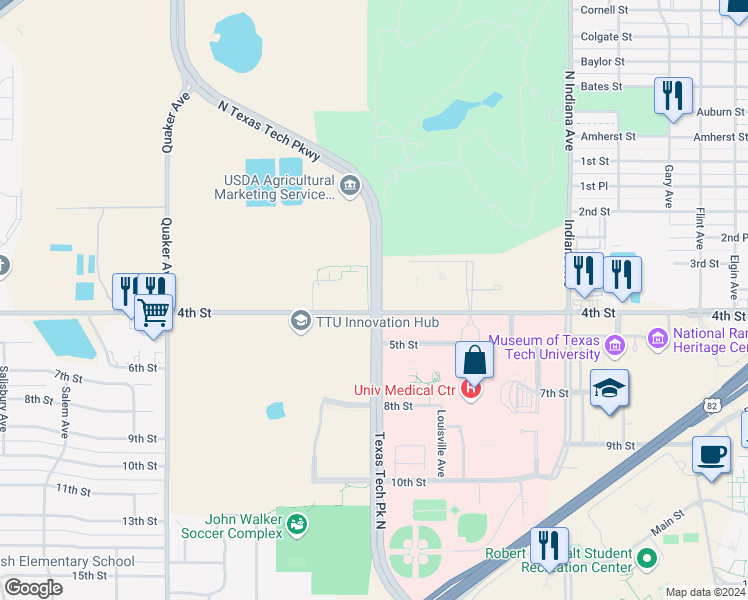 map of restaurants, bars, coffee shops, grocery stores, and more near Texas Tech Parkway in Lubbock