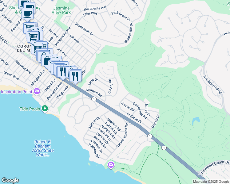 map of restaurants, bars, coffee shops, grocery stores, and more near 527 Seaward Road in Newport Beach