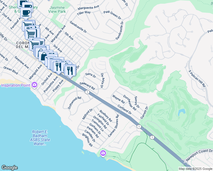 map of restaurants, bars, coffee shops, grocery stores, and more near 527 Seaward Road in Newport Beach