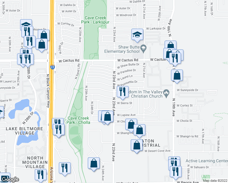 map of restaurants, bars, coffee shops, grocery stores, and more near N 23rd Ave & W Sunnyside Dr in Phoenix