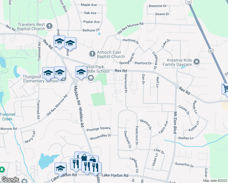 map of restaurants, bars, coffee shops, grocery stores, and more near 2445 Rex Road in Ellenwood