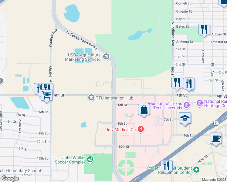 map of restaurants, bars, coffee shops, grocery stores, and more near 402-418 Texas Tech Parkway in Lubbock