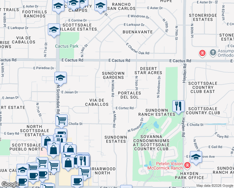 map of restaurants, bars, coffee shops, grocery stores, and more near 11633 North Miller Road in Scottsdale