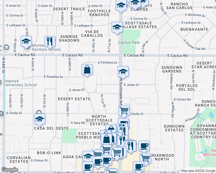 map of restaurants, bars, coffee shops, grocery stores, and more near 7102 East Cortez Drive in Scottsdale