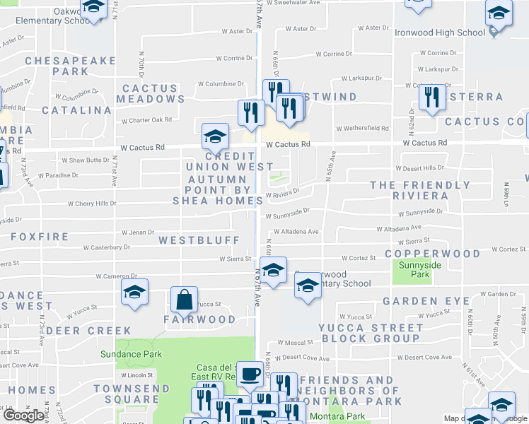 map of restaurants, bars, coffee shops, grocery stores, and more near 11769 North 67th Drive in Peoria