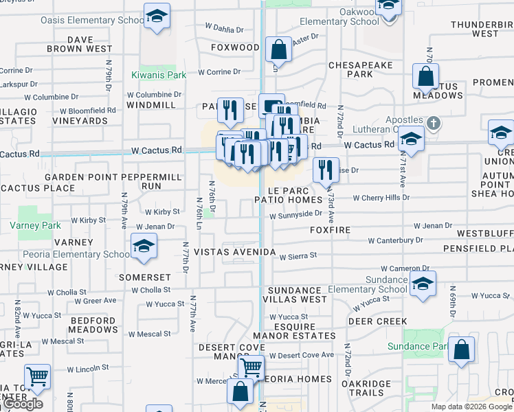 map of restaurants, bars, coffee shops, grocery stores, and more near 11808 North 75th Drive in Peoria