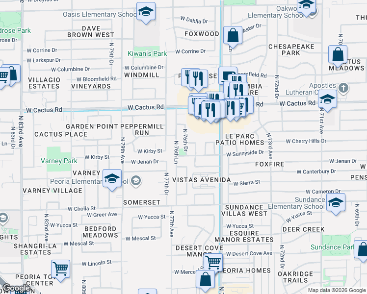 map of restaurants, bars, coffee shops, grocery stores, and more near 11829 North 76th Lane in Peoria