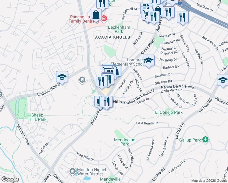 map of restaurants, bars, coffee shops, grocery stores, and more near 25452 Barents in Laguna Hills
