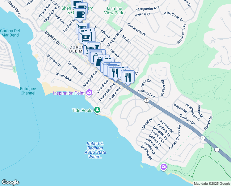 map of restaurants, bars, coffee shops, grocery stores, and more near 303 Poppy Avenue in Newport Beach
