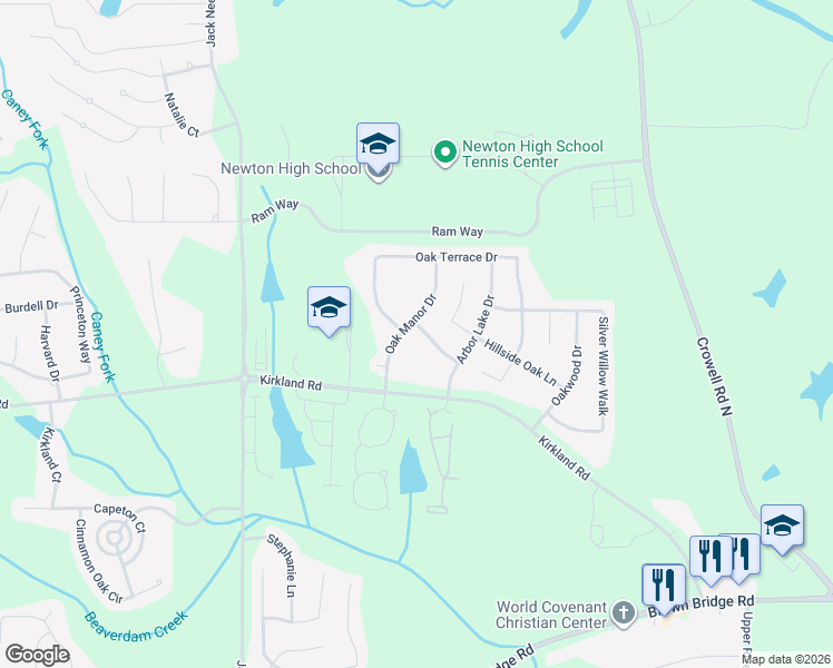 map of restaurants, bars, coffee shops, grocery stores, and more near 75 Lakeview Crossing Drive in Covington