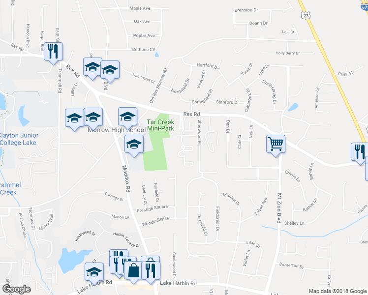 map of restaurants, bars, coffee shops, grocery stores, and more near 5943 Sherwood Place in Ellenwood