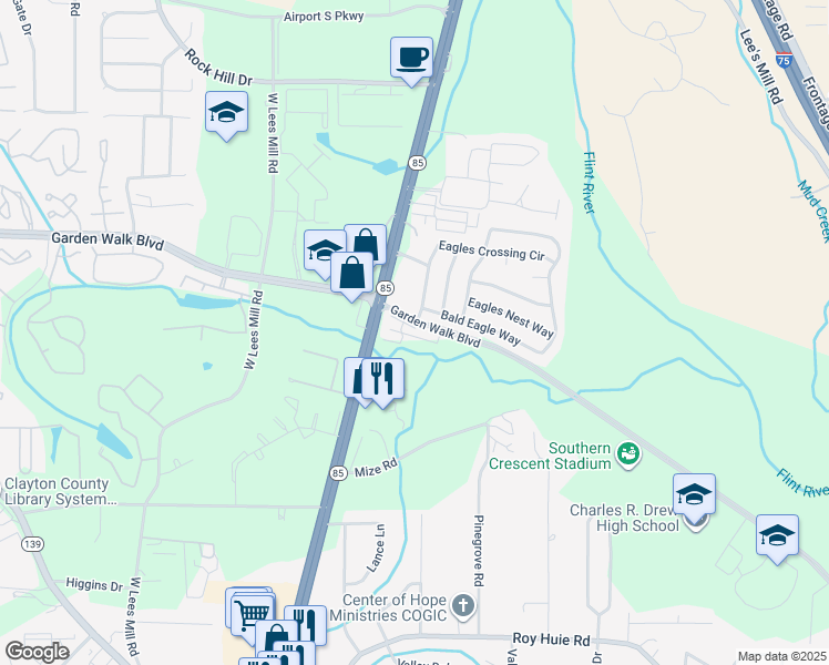map of restaurants, bars, coffee shops, grocery stores, and more near 569 Eagles Crossing Circle in Riverdale