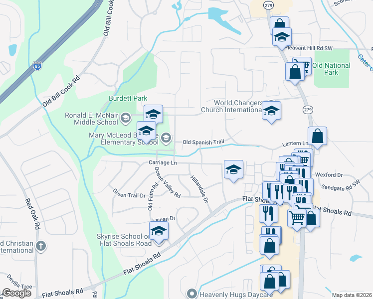 map of restaurants, bars, coffee shops, grocery stores, and more near 5345 Carriage Court in College Park