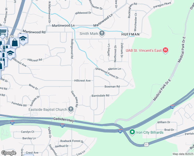 map of restaurants, bars, coffee shops, grocery stores, and more near 929 Sherwood Forest Drive in Birmingham