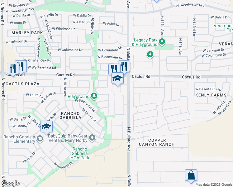 map of restaurants, bars, coffee shops, grocery stores, and more near 11946 North 147th Lane in Surprise