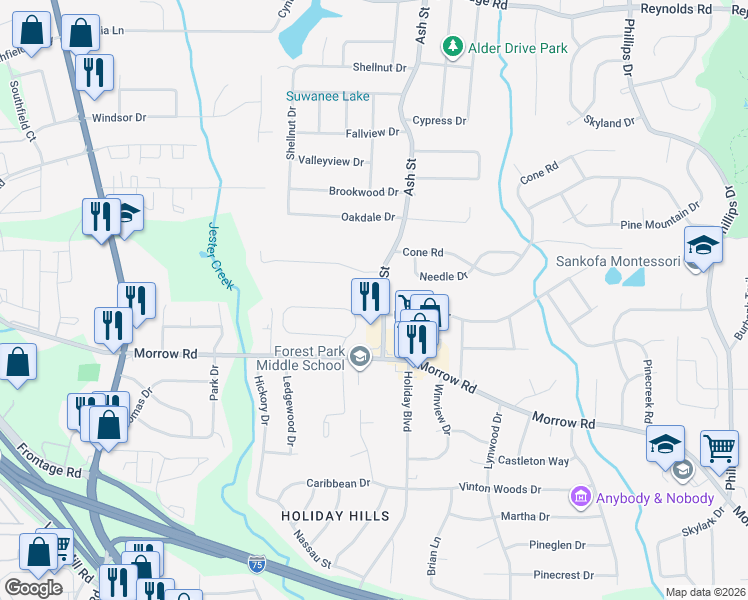 map of restaurants, bars, coffee shops, grocery stores, and more near 5901 Ash Street in Forest Park