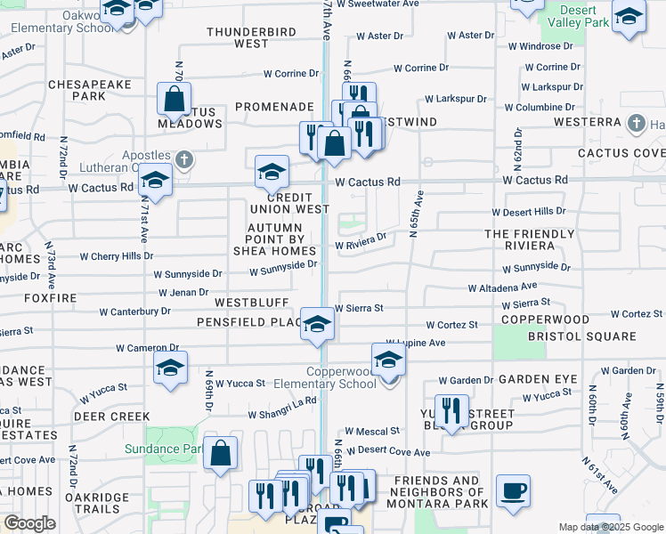 map of restaurants, bars, coffee shops, grocery stores, and more near 11769 North 67th Drive in Peoria