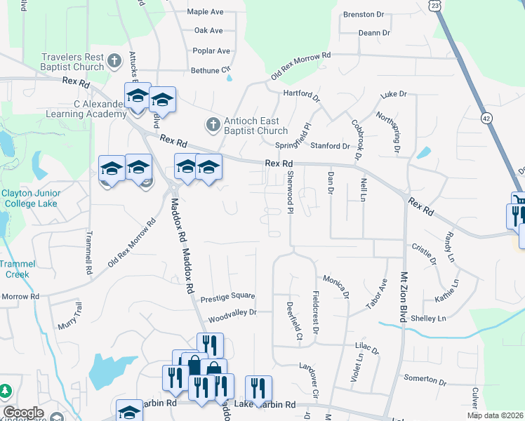 map of restaurants, bars, coffee shops, grocery stores, and more near 5943 Sherwood Place in Ellenwood
