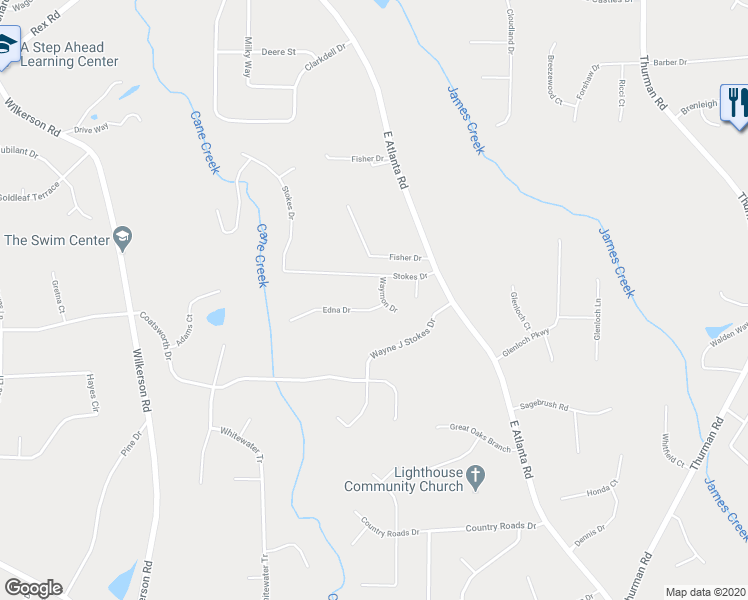 map of restaurants, bars, coffee shops, grocery stores, and more near 300 Edna Drive in Stockbridge