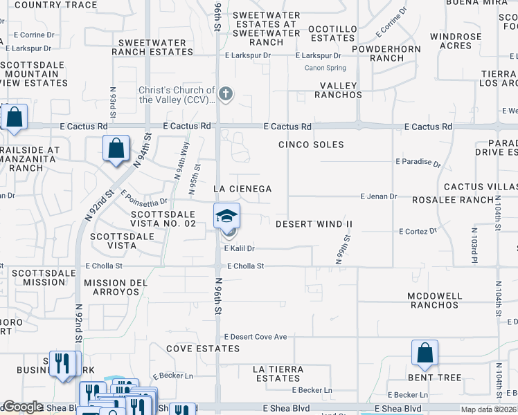map of restaurants, bars, coffee shops, grocery stores, and more near 9681 East Poinsettia Drive in Scottsdale