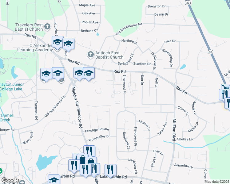 map of restaurants, bars, coffee shops, grocery stores, and more near 2445 Rex Road in Ellenwood