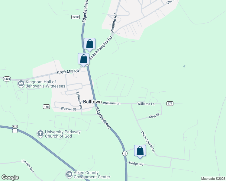 map of restaurants, bars, coffee shops, grocery stores, and more near 1268 Edgefield Highway in Aiken