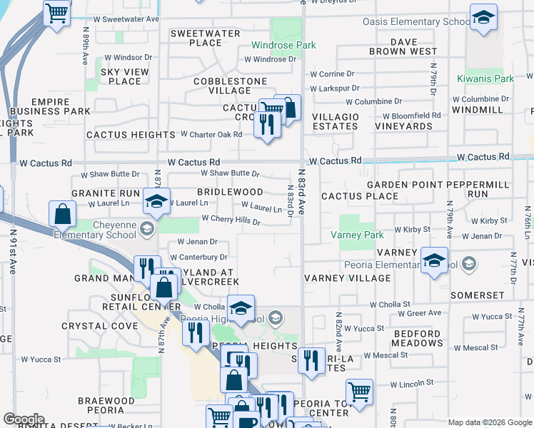 map of restaurants, bars, coffee shops, grocery stores, and more near 8420 West Cherry Hills Drive in Peoria
