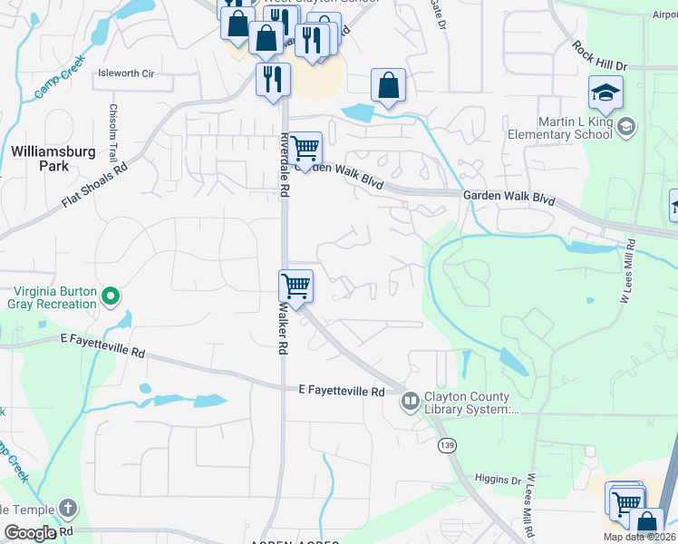 map of restaurants, bars, coffee shops, grocery stores, and more near 5890 Riverdale Road in Atlanta