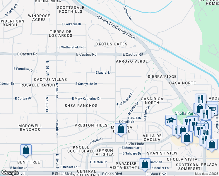 map of restaurants, bars, coffee shops, grocery stores, and more near 10755 East Sunnyside Drive in Scottsdale