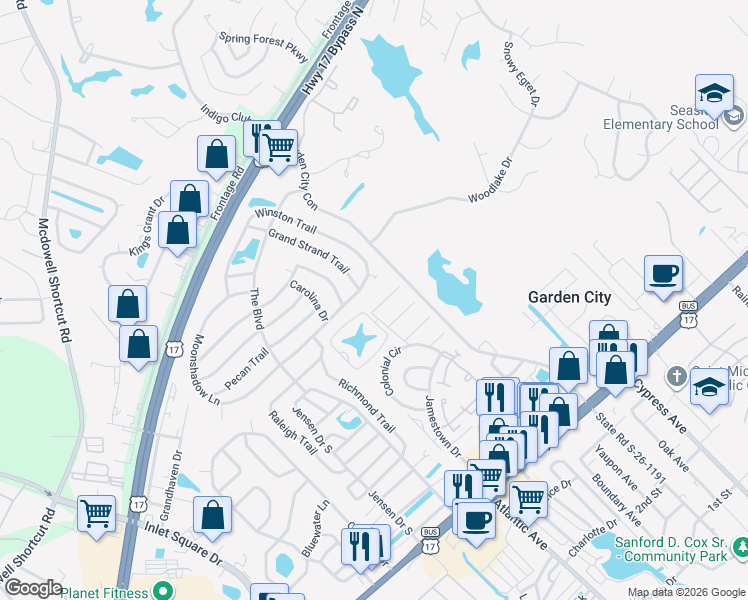 map of restaurants, bars, coffee shops, grocery stores, and more near 5005 Pine Lake Drive in Myrtle Beach