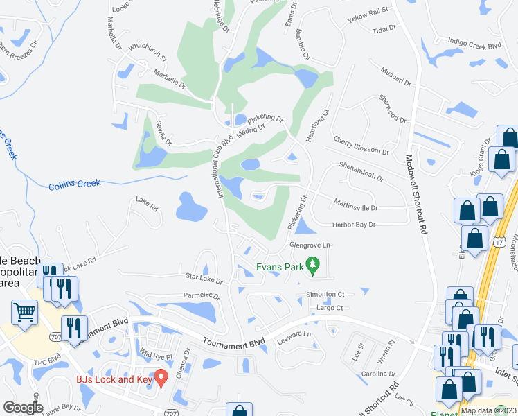 map of restaurants, bars, coffee shops, grocery stores, and more near 477 Tavistock Court in Murrells Inlet