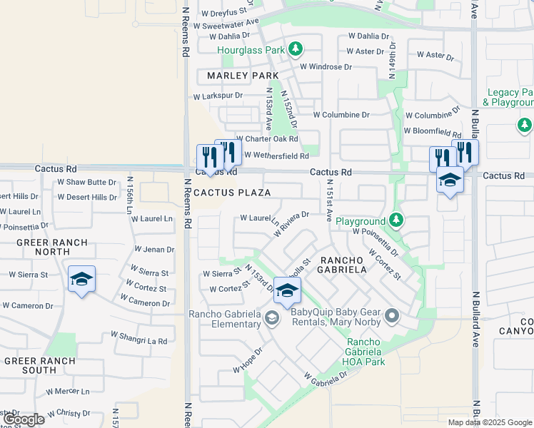 map of restaurants, bars, coffee shops, grocery stores, and more near 15276 West Laurel Lane in Surprise