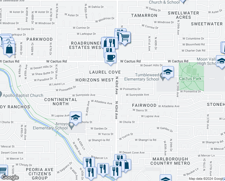map of restaurants, bars, coffee shops, grocery stores, and more near 11637 North 43rd Drive in Glendale