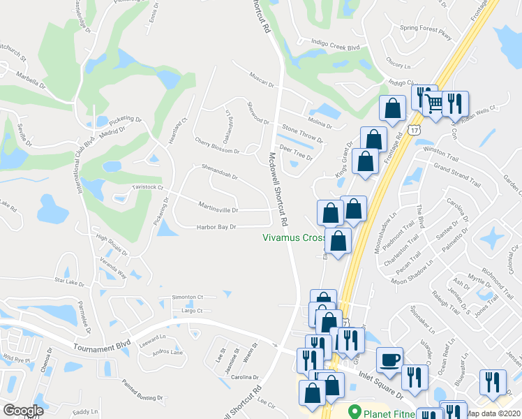 map of restaurants, bars, coffee shops, grocery stores, and more near 590 Martinsville Drive in Murrells Inlet