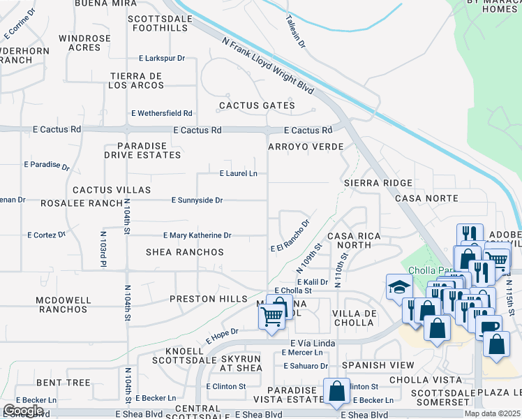 map of restaurants, bars, coffee shops, grocery stores, and more near 10755 East Sunnyside Drive in Scottsdale