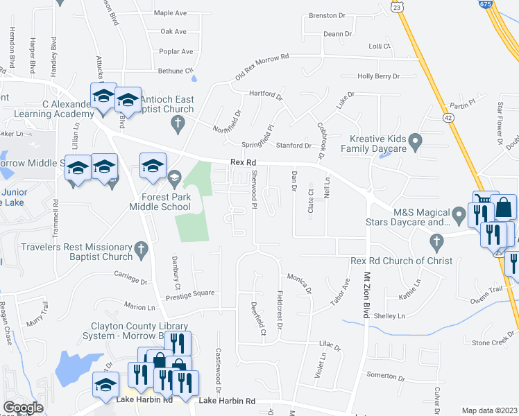 map of restaurants, bars, coffee shops, grocery stores, and more near 5932 Sherwood Place in Ellenwood