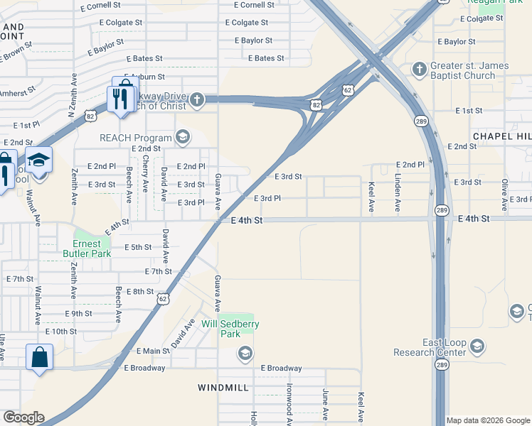 map of restaurants, bars, coffee shops, grocery stores, and more near 3100-3402 East 4th Street in Lubbock